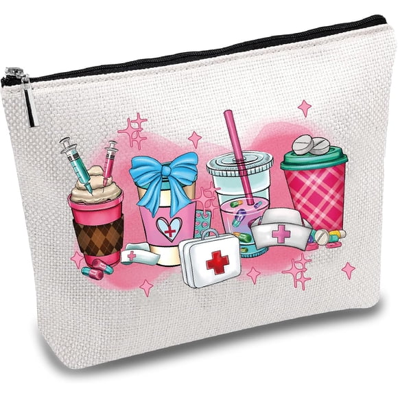 Pink Drink Makeup Bags Canvas Cosmetic Bag Polycotton Multi Purpose Zipper Pouches Toiletry Travel Bag Purse for Nurse Women Friend Bestie Birthday Gifts 10 x 7Inch