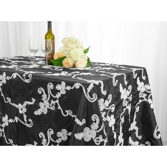 Wedding Linens Inc. 90" x 132'' Rectangular Ribbon Taffeta Tablecloth for Wedding, Luxury Events, Party use - Black & White