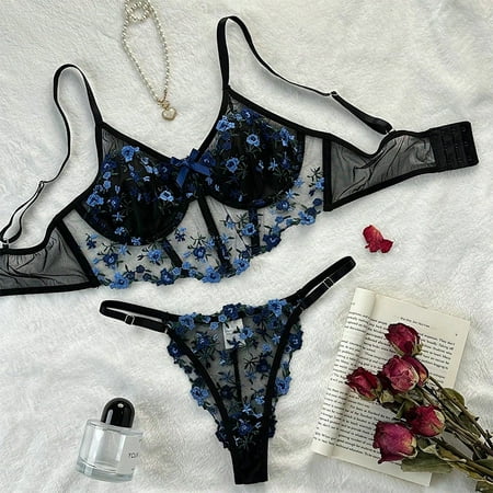 Women s Lingerie  See Through Lingerie  Women Lingerie Sexy Sets with Underwire Lace Bra and Panty Set Push Up Two Pieces Lingerie  Corsets Bodysuits Sheer Mesh Bustier  Black and Blue(S)