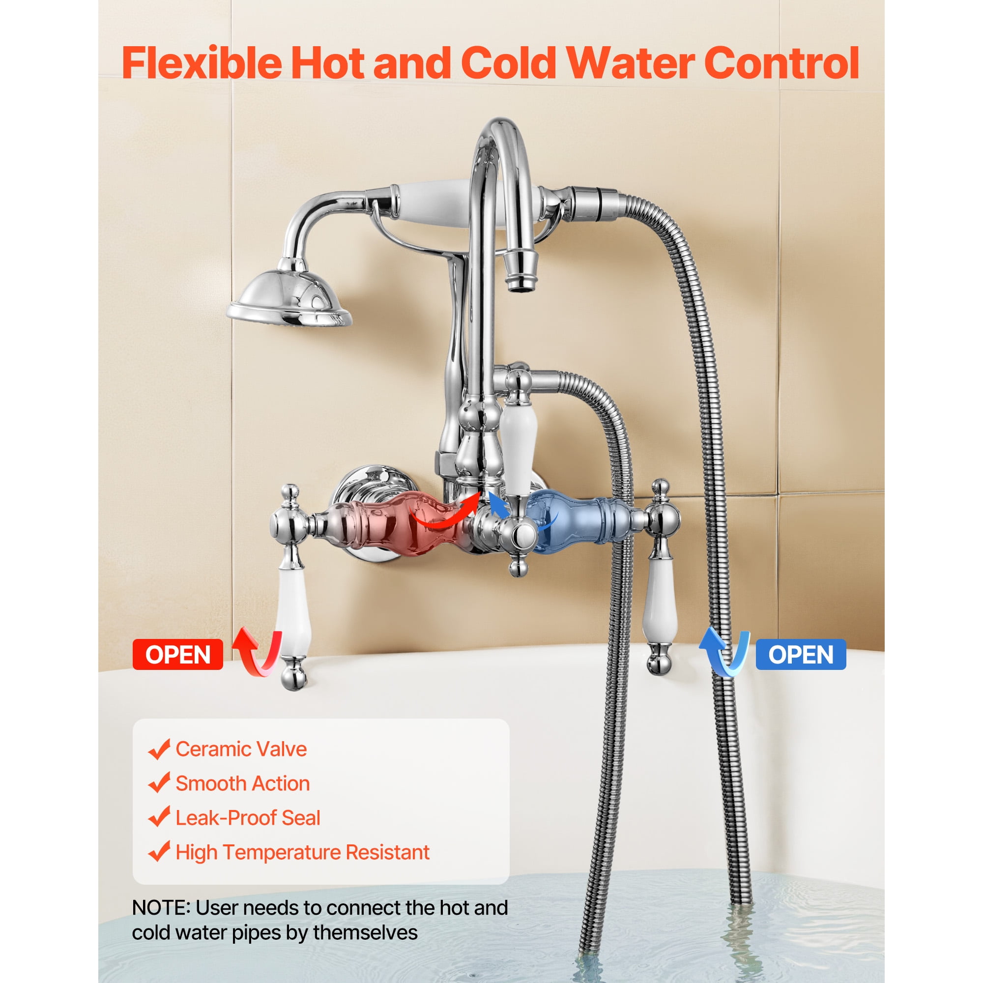 KFFKFF Wall-Mounted Clawfoot Tub Faucet with Handheld Shower, Polished Chrome Finish, Gooseneck Spout, and 59-Inch Hose – Combines Modern and Vintage Styles for Bathtubs