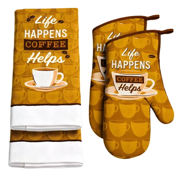 Coffee Kitchen Towel and Oven Mitt Set, 3-Piece Cotton Dish Towel 25×15 in with Heat-Resistant Oven Mitts 13×7 in, Brown Coffee Decor – Veesway