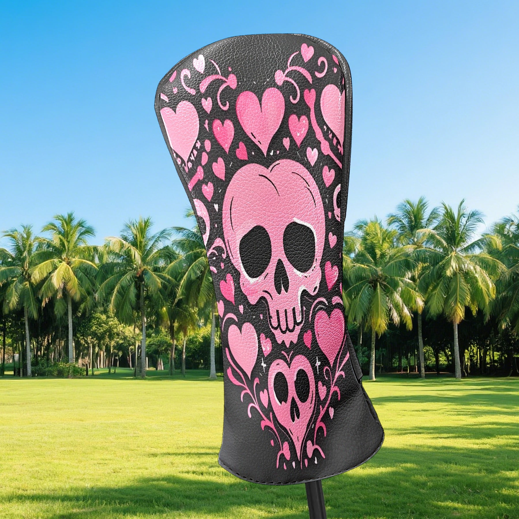 Golf Club Covers, Pink SkullHeart Premium PU Leather Driver Hybrid Putter Head Covers with Velvet Lining, Waterproof Golf Gifts for Men Women