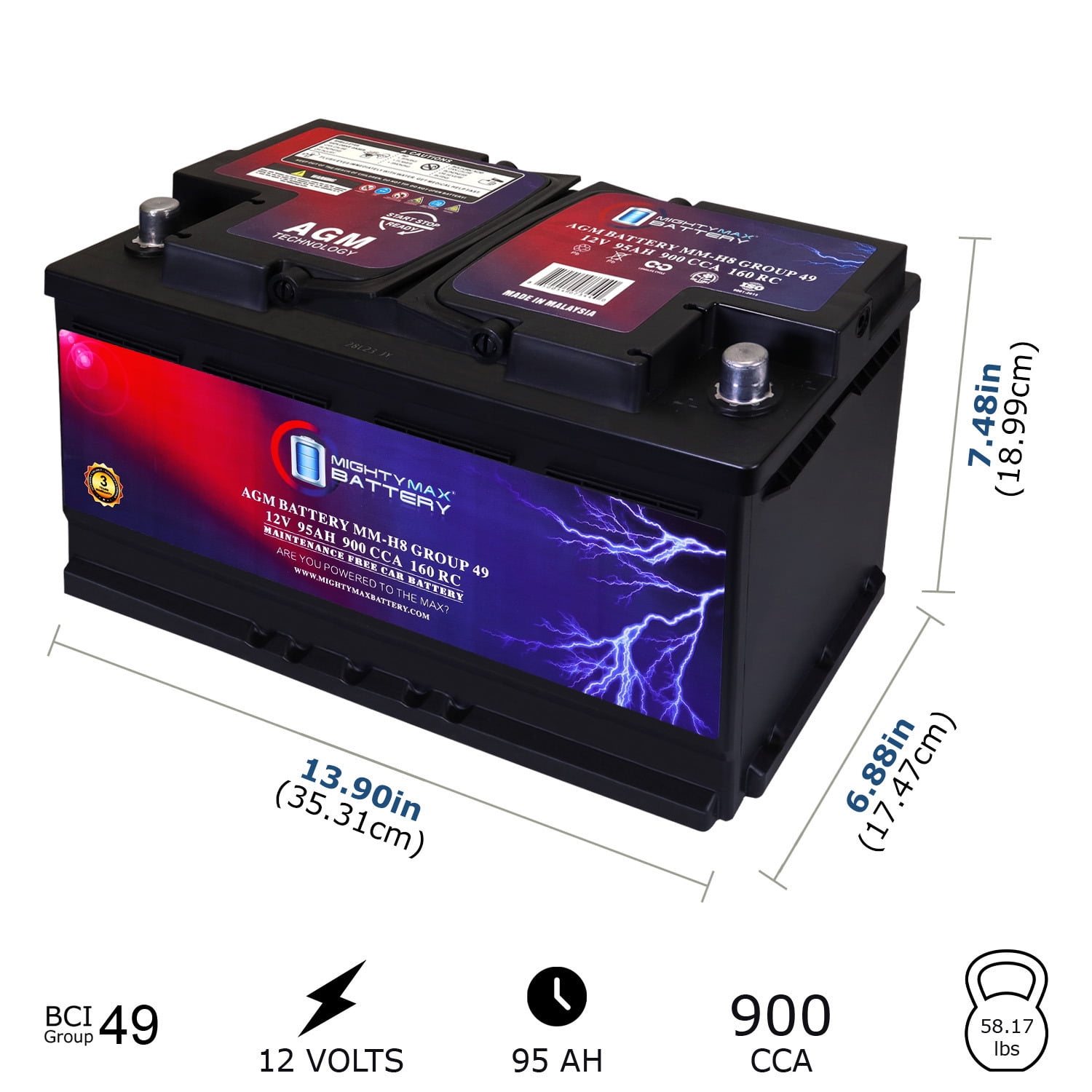 MM-H8 Start and Stop Car BCI Group 49 12V 95Ah, 160RC, 900 CCA Rechargeable AGM Car Battery
