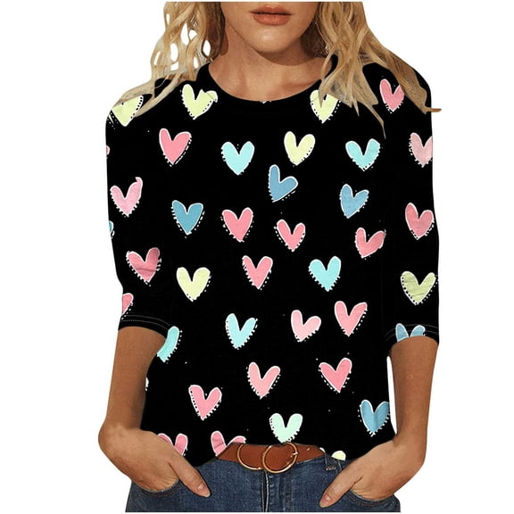 Womens 3/4 Sleeve Crew Neck Valentine T Shirts Love Heart Printed Graphic Tee Tops