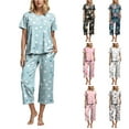 thumbnail image 4 of felwors Women's Capri Pajama Sets Floral Print Short Sleeve Sleepwear Top and Capri Pants 2 Piece Loungewear with Pockets Sky Blue, L, 4 of 7