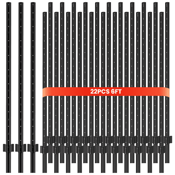 22 Pack Metal Fence Posts, 6 FT Garden Fence Post, T Post for Wire Fence, No Dig Steel U Post Fencing, Black Garden Stakes for Temporary Fencing, Electric Fence Wire, Corner Anchor