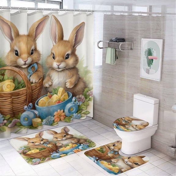4 Pcs Shower Curtain Sets Non-Slip Rugs And Toilet Mat Lid Rug Accessories Easter Bunny With Basket Waterproof Personality Pattern Bath Curtain Happy Easter Holiday for Bathroom Decor