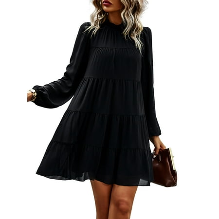 Sociala Lady s Mock Neck Long Sleeve Tiered Ruffle Smocked Flowy A Line Babydoll Mini Dress