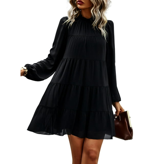 BeautyIn Robe Mini Poupée à Manches Longues Bordure à Volants Col Haut Superposé Décontractée Ample Robe Ligne A Tempérament