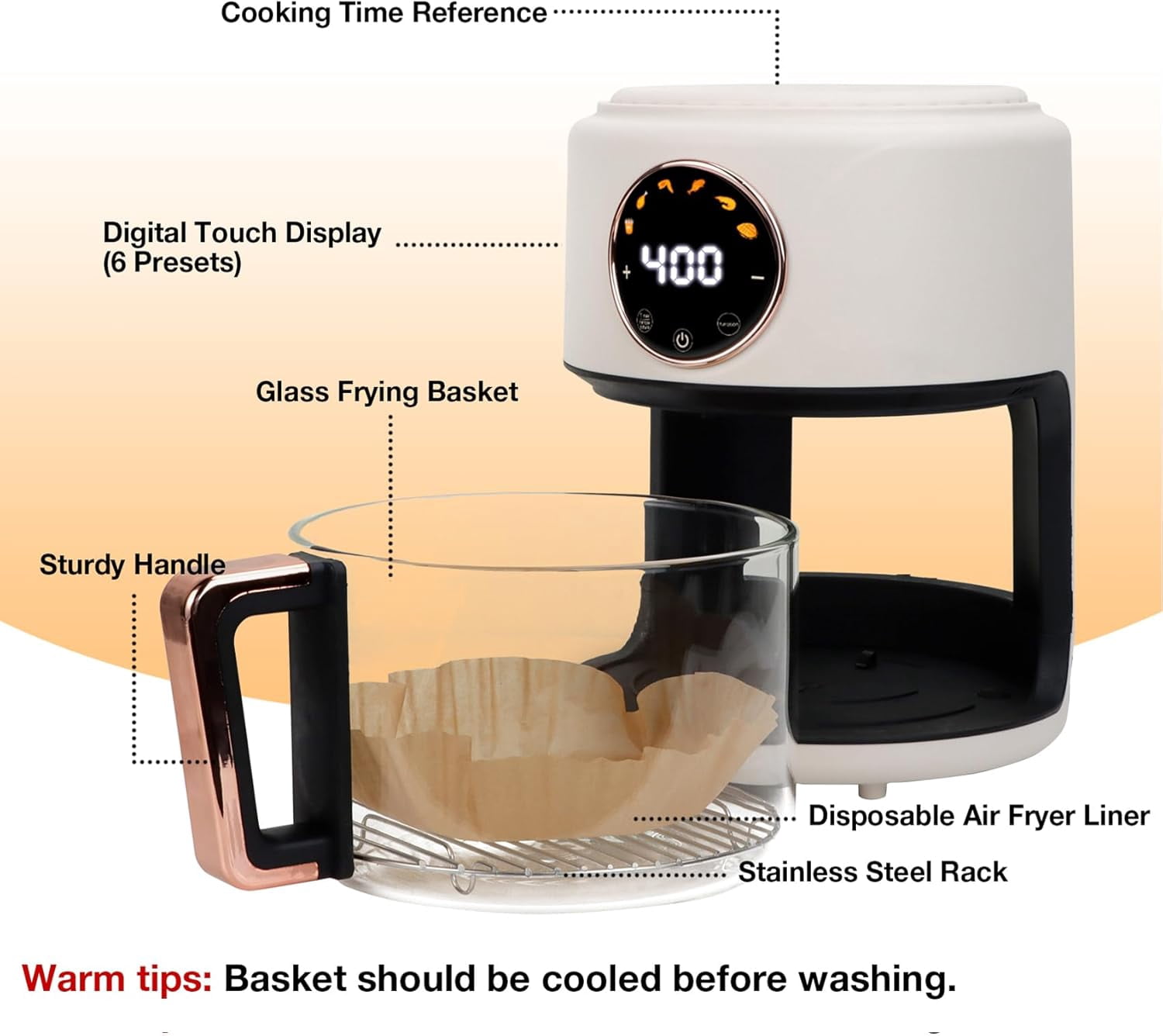 4.7QT Glass Air Fryer, 360 ° Viewable Glass Air Fryer Non Toxic, 6-IN-1 Preset Cook Modes, Digital Display, Adjustable Temp 100F - 400F, Nonstick, Dishwasher Safe, White