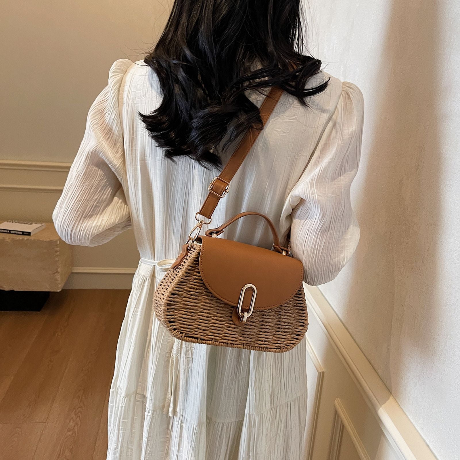 Straw Bags for Women, Handmade Straw & PU Crossbody Bag Summer Beach Shoulder Bag (Camel)