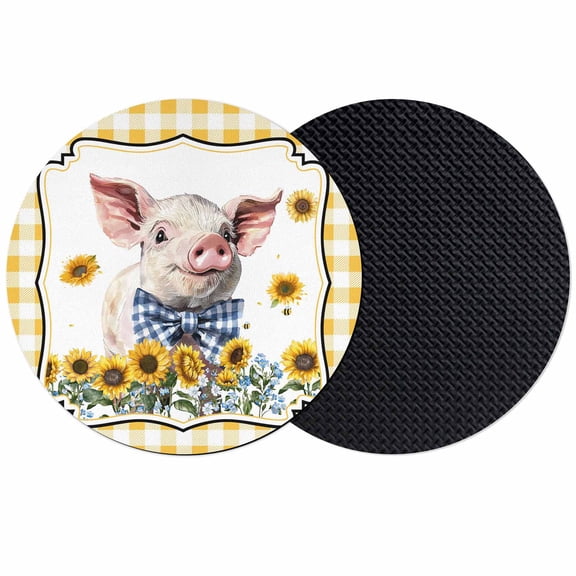 Pig Sunflowers Coasters Set of 2, Absorbent Coasters for Drinks, Yellow Floral Elegant Checkered Pastoral Coaster for Desk Coffee Table Protection, Home Decor House Warming Gifts 4"