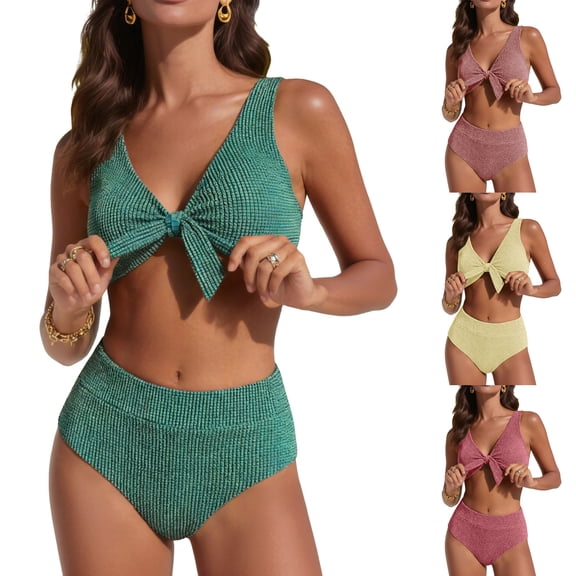 GEWSEY Women High Waisted Bikini Sets, Two Piece Swimsuit Tummy Control, Textured Bathing Suits, Tie Knot Swimwear (Khaki, S)