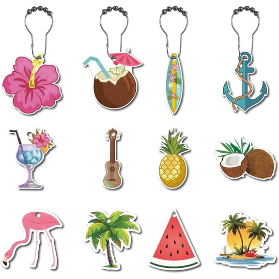 12Pcs 12Styles Summer Theme Shower Curtain Hooks Rings for Bathroom Metal Hanger Decorative Curtain Hooks with Stainless Steel Chain for Shower Rods Accessories Colorful