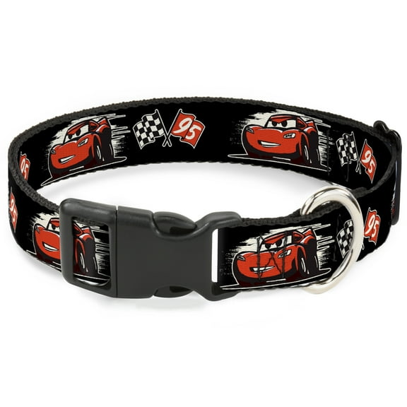 Disney Pet Collar, Dog Collar Plastic Buckle, Cars 3 Lightning Mcqueen Caricature Race Flag Black White Red, 15 to 24 Inches 1.0 Inch Wide
