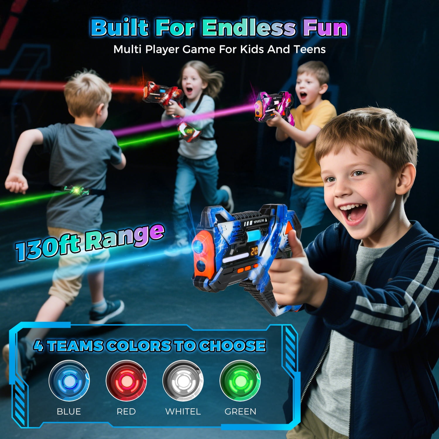 Huge Wave Shooting Tag Set of 4 with Vests & Back Receiver, Rechargeable Indoor & Outdoor Family Games Teens Group Activity, Birthday Gift for Kids Ages 6-12