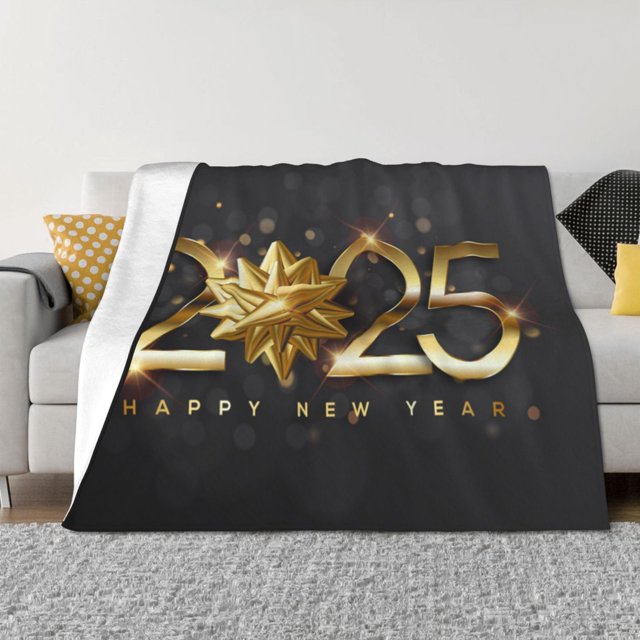 Balery 2025 Happy New Year 1 Manta de Franela con Dibujo, Lujo Ultra Suave y Cálido, Antipelusa y Resistente a las Arrugas para Cama, Sofá, Camping -40"x30"