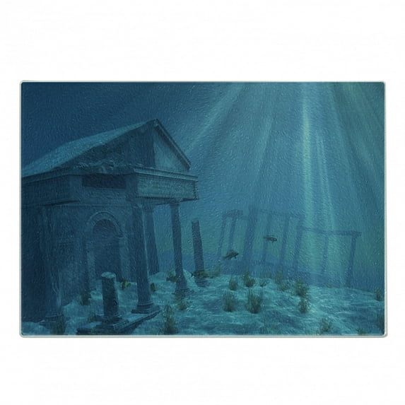 Ocean Cutting Board, Sun Rays over Ruins of a Former Civilization Deep Sea Atlantis World Nautical Picture Print, Decorative Tempered Glass Cutting and Serving Board, Small Size, Teal, by Ambesonne