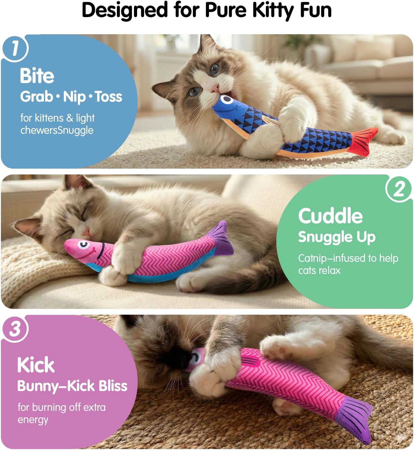 Cat Toys with[5000mg A+Natural Catnip &Silvervine] [Baby Grade] Interactive Soft Chew Kicker Cat Toys for Indoor Cats & Kittens, [Crinkle &Bell] Fish Sound Toy, Drives Bored Cat Crazy with Fun