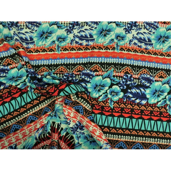 Challis Rayon Apparel Fabric Tropical Floral Aztec Aqua Blue Red White F406