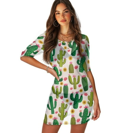 FKELYI Cactus Plants Print Women s Swimsuit Cover Ups Round Neck Swimwear Cover-Up Half-Sleeve Beachwear Bikini Beach Dress for Ladies Summer Vacation Swimming  XS