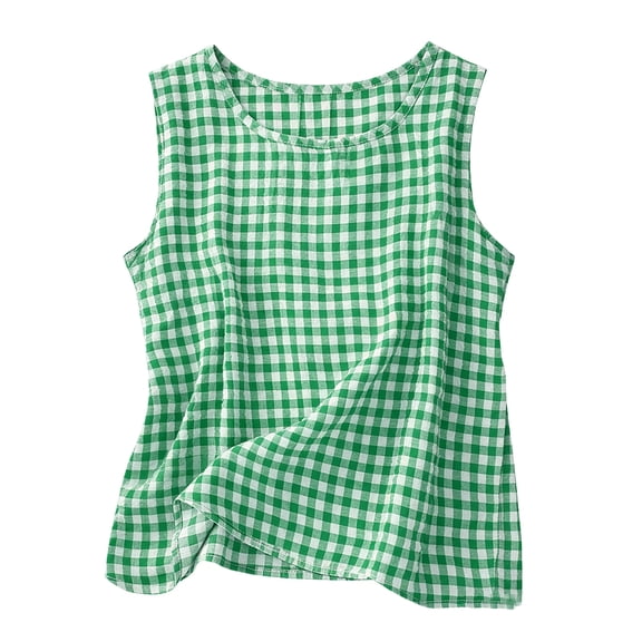Womens Pliad Crop Tank Top Round Neck Linen Tank Tops Sleeveless Cute Summer Tops 2026 Beach Vacation