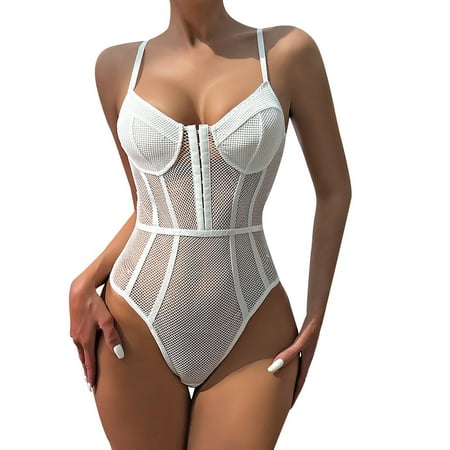 

Camisole For Women Lingerie Slim Fit Breathable Body Lace Mesh Button Hollow See Through Jumpsuit