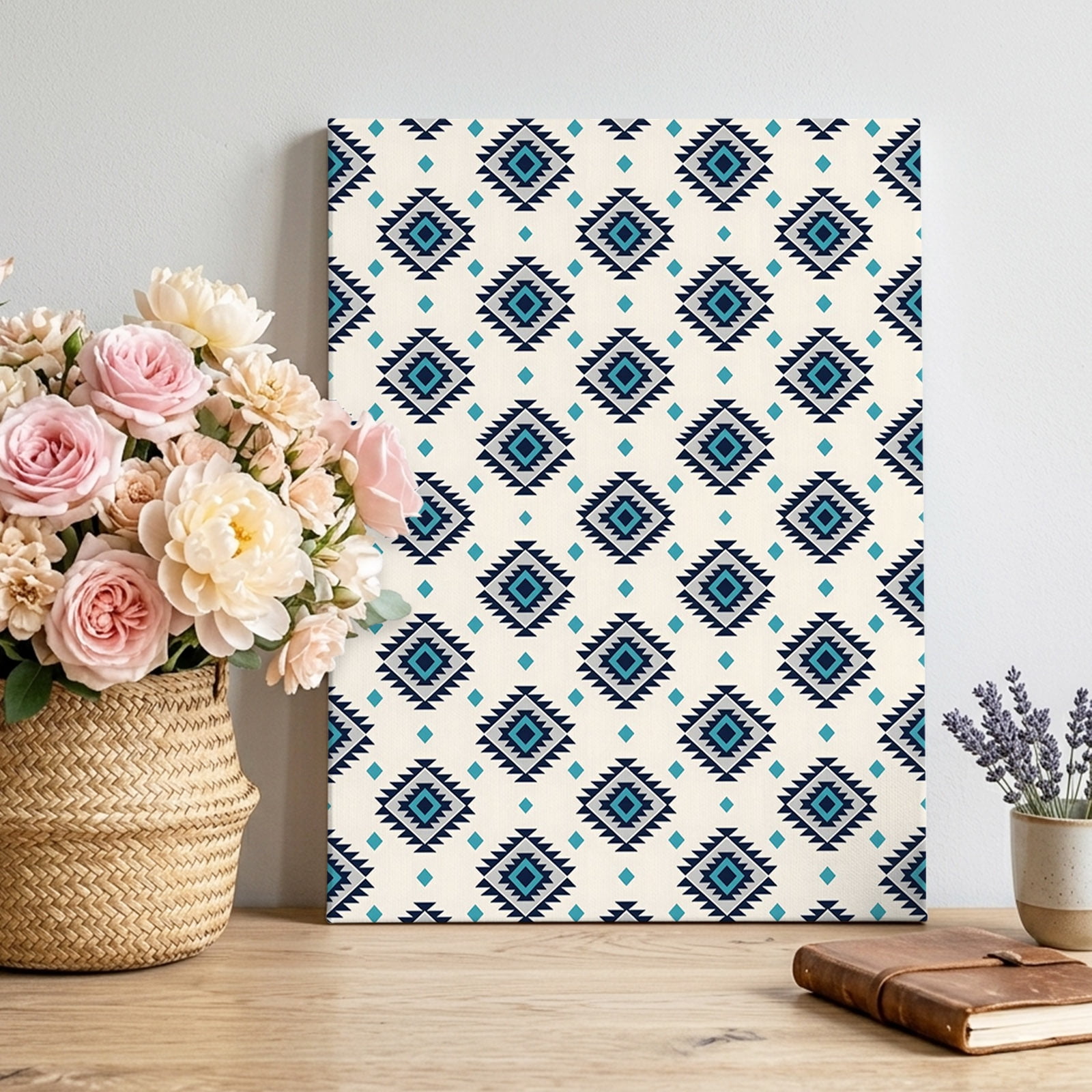 Bohemian Diamond Pattern Canvas Wall Art Boho Tribal Farmhouse Teal Ethnic Motifs Plaid Pictures Wall Decor Wooden Framed Artwork Art Prints for Living Room Hallway Bedroom Office 20 x24