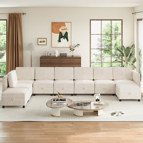 Festisoul Sectional Sofa, 9-Seat L Shaped Modular Couch with Removable Storage Ottoman, Convertible Sleeper Sofa Suitable for Living Room, Beige