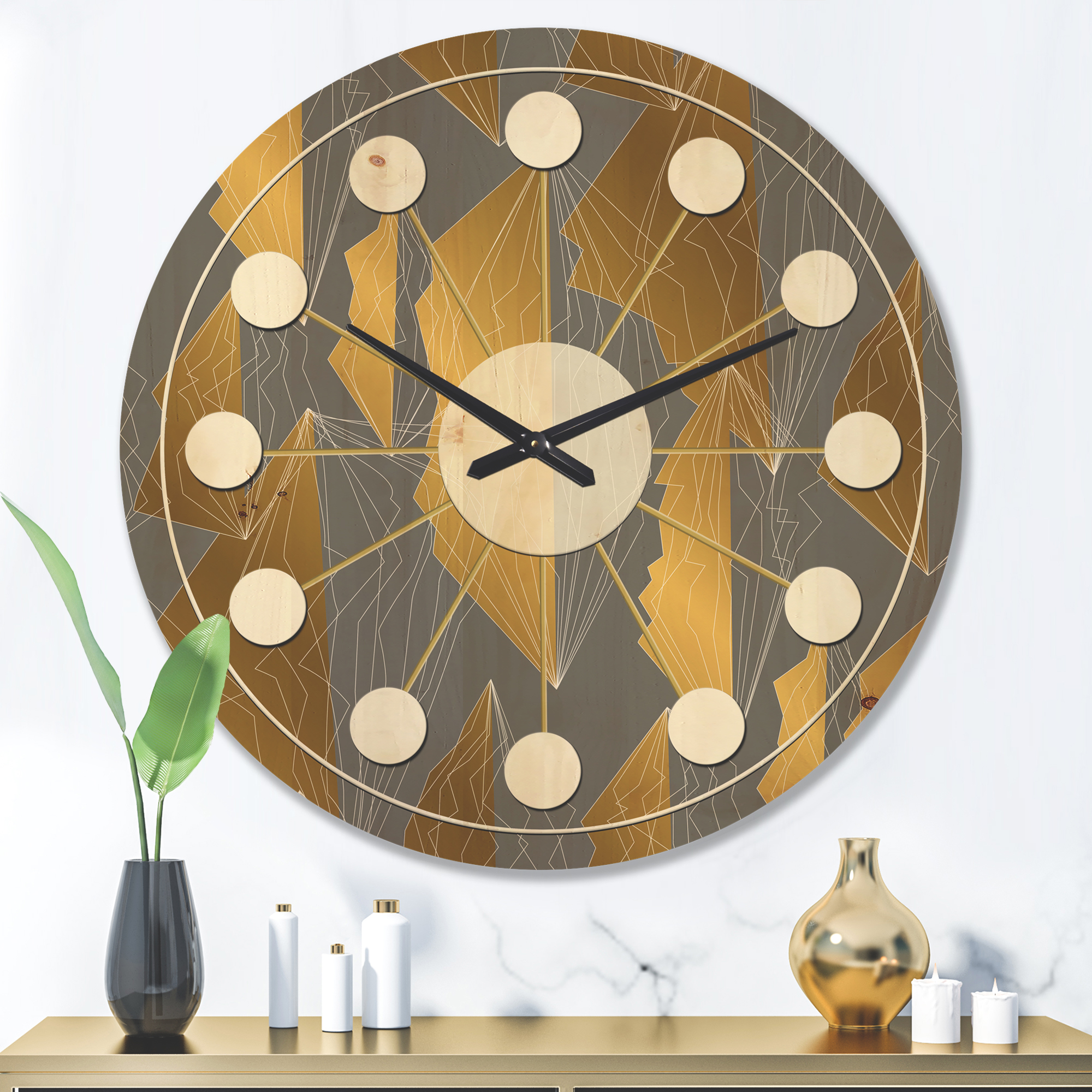 Designart 'Golden and Gray Polygon Pattern' Mid-Century Modern Wood Wall Clock