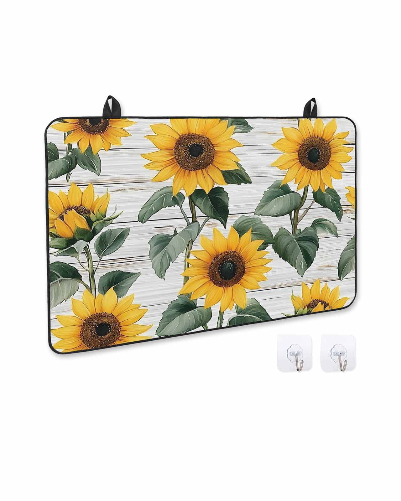 nqOlkjepod Large Induction Cooktop Protector Mat 24"x21", Country Sunflowers Stove Top Covers for Electric Stove, Retro Pastoral Floral Wooden Plank Stove Burner Cover Mats, Glass Top Stove Cover