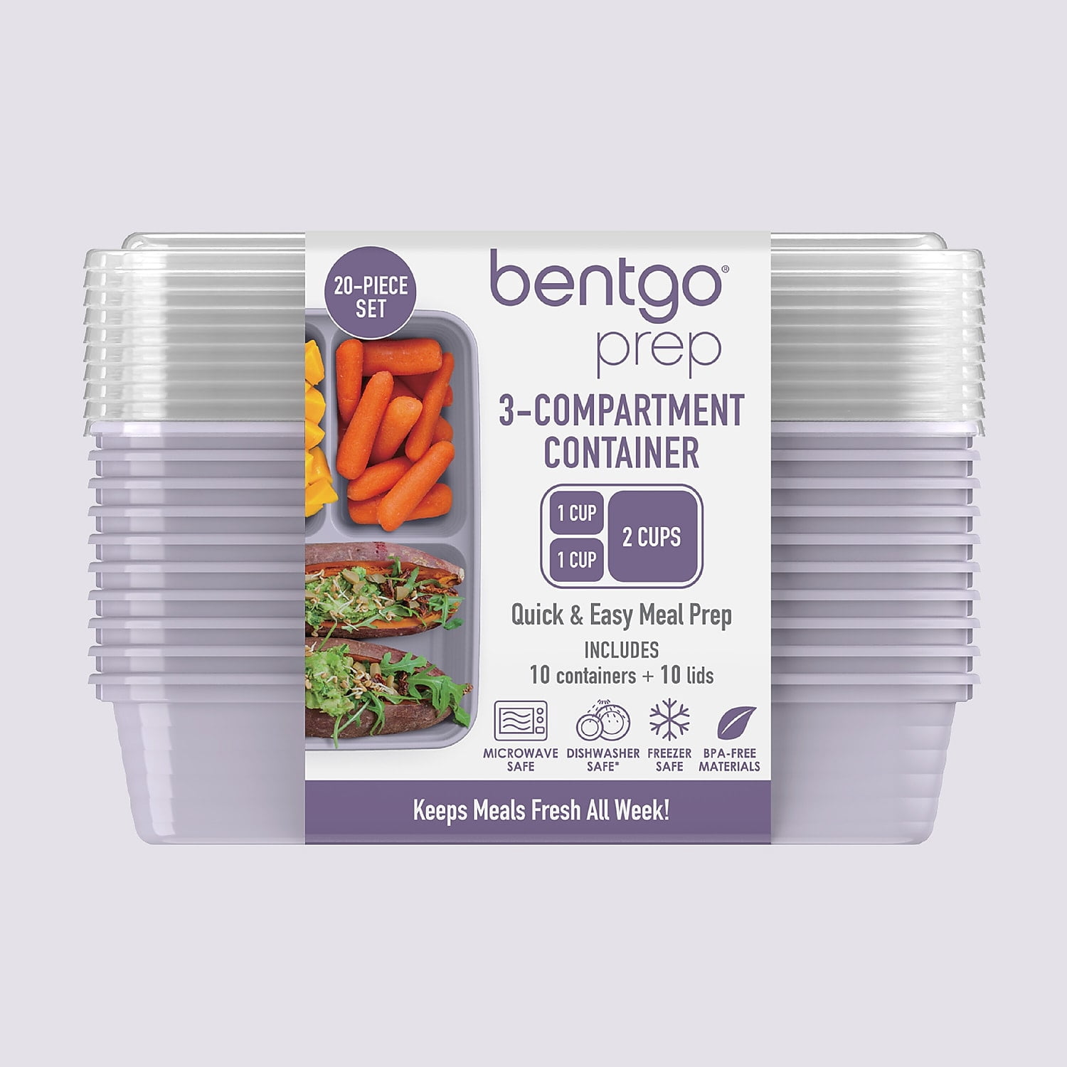 (2 pack) Bentgo Prep 3-Compartment Meal Prep Containers with Lids, PFAS & BPA Free Materials, Durable, Microwave, Freezer, & Dishwasher Safe To Go Food Storage (Lilac), (BGPRP3-LC)