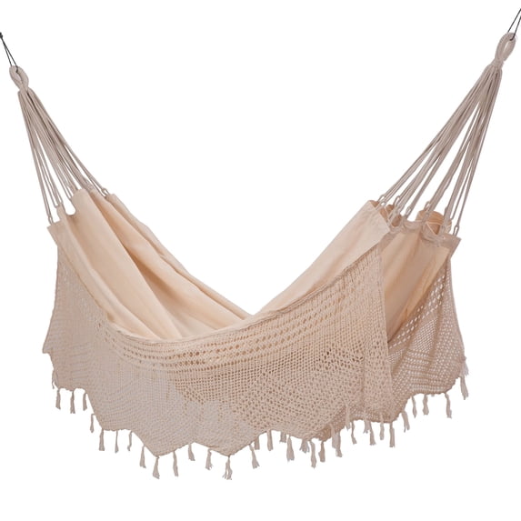 Sol Living Bahia Brazilian Patio Hammock Crochet Cotton Hammock Single Hammock for One Person Outdoor Patio Swing Chair Hand Woven Mayan Hammock Use Inside Outside Backyard Decor Porch Swing - Natural