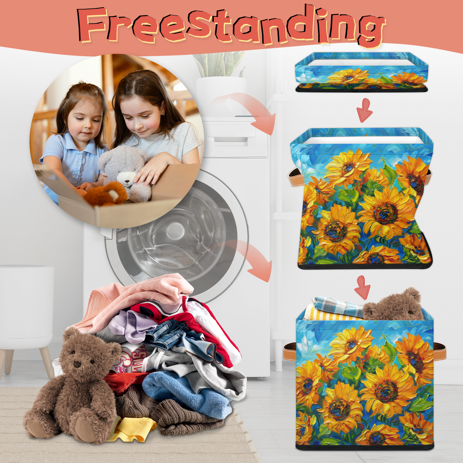 CURLYOOT Oil Painting Sunflower 11 x 11 Inch Cube Storage Bin, Fabric Storage Cube Foldable Basket with Leather Handles, Organizer Basket for Closet Shelves