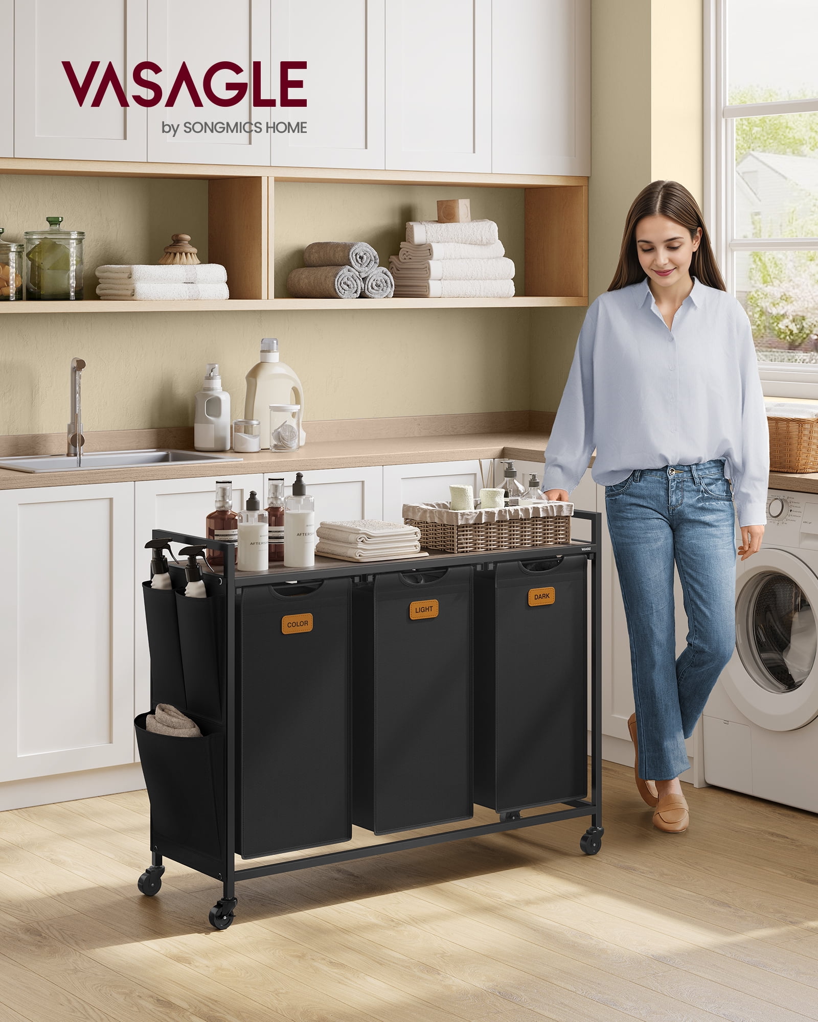 VASAGLE Laundry Hamper, Laundry Sorter Rolling Cart with Shelves,Small Side Pockets,6 Labels,3 Compartments,39.6 Gal. (150 L),Ink Black and Ash Brown