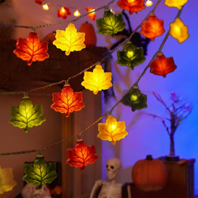 Luces de cadena LED de hoja de arce de calabaza | Guirnalda de otoño naranja multicolor | Decoración de Halloween de Acción de Gracias a pilas de 20 LED | Disposición de la mesa interior exterior y
