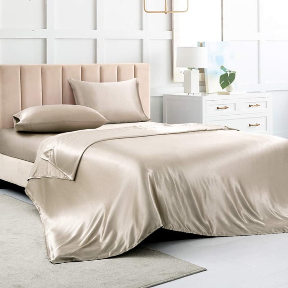 Juego de sábanas de satén Luxbedding, tamaño king, color topo, 4 piezas
