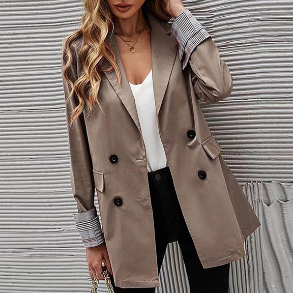 Black/Friday Clear ! Women Clothes Clearance Under $5 Fayshow0 Fashion Women Business Attire Solid Color Stitching Plaid Printed Long Sleeve Cardigan Coat Top,Khaki S