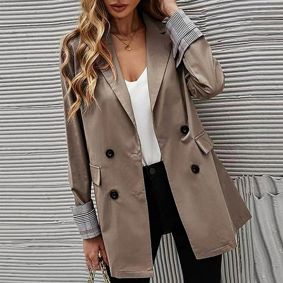 EGNMCR Womens Blazer Jackets, Long Sleeve Lapel Open Front Pockets, Fashion Women Business Attire Solid Color Stitching Plaid Printed Long Sleeve Cardigan Coat Top Women Coat