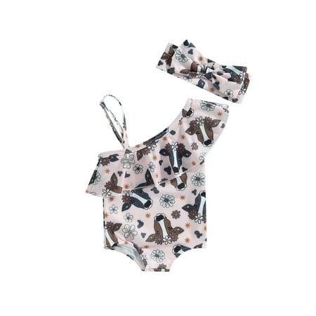 

Emmababy Fashionable Cow Head Print Romper and Headband for Baby Girls in Summer