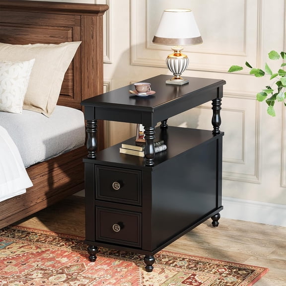 Tribesigns Solid Wood Nightstand with 2 Drawers, Modern Night Stand with Open Storage Shelf for Bedroom (1, Black)