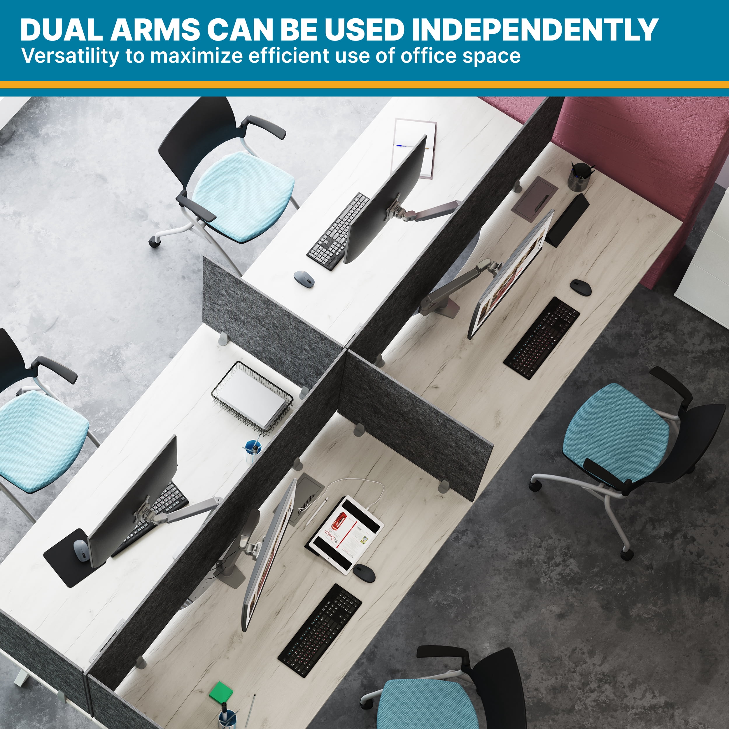 Restore Furniture Premium Height Adjustable Dual Monitor Arm Stand: Desk/Grommet Mount, Gas Spring Lift, VESA 75x75 or 100x100mm, 2 Flat/Curved Ultrawide Screens up to 34in & 44lb ea., Silver
