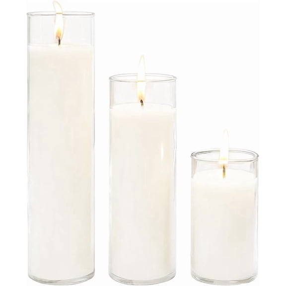 3 Pack Unscented White Pillar Candles in Clear Hurricane Glass, 3 Sizes 3/6/8 Inch, Cylinder Candles for Wedding Centerpiece, Dinner Party Indoor & Outdoor Home Decor