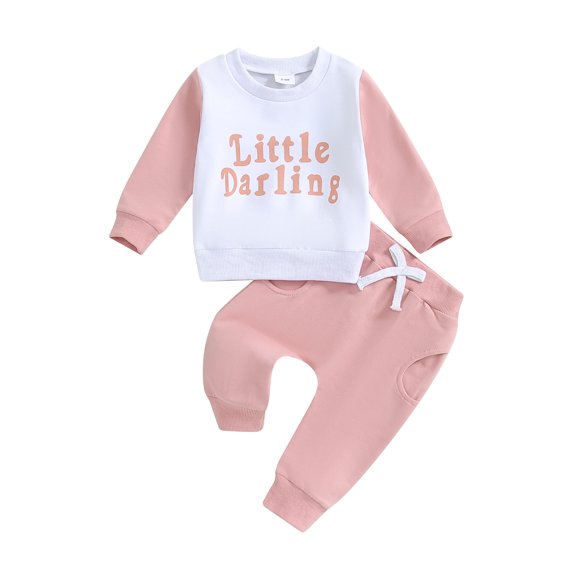 Baby Toddler Girl Fall Outfit, 0 6 12 18 24 Months 2T 3T Letter Print Contrast Long Sleeve Sweatshirt Elastic Waist Pants with Pockets 2 Piece Clothing Set