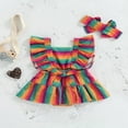 thumbnail image 3 of Newborn Girl Ruffle Flying Sleeve Bodysuit  Square Neck Dress Style Hem Romper with Bow Headband, 3 of 6