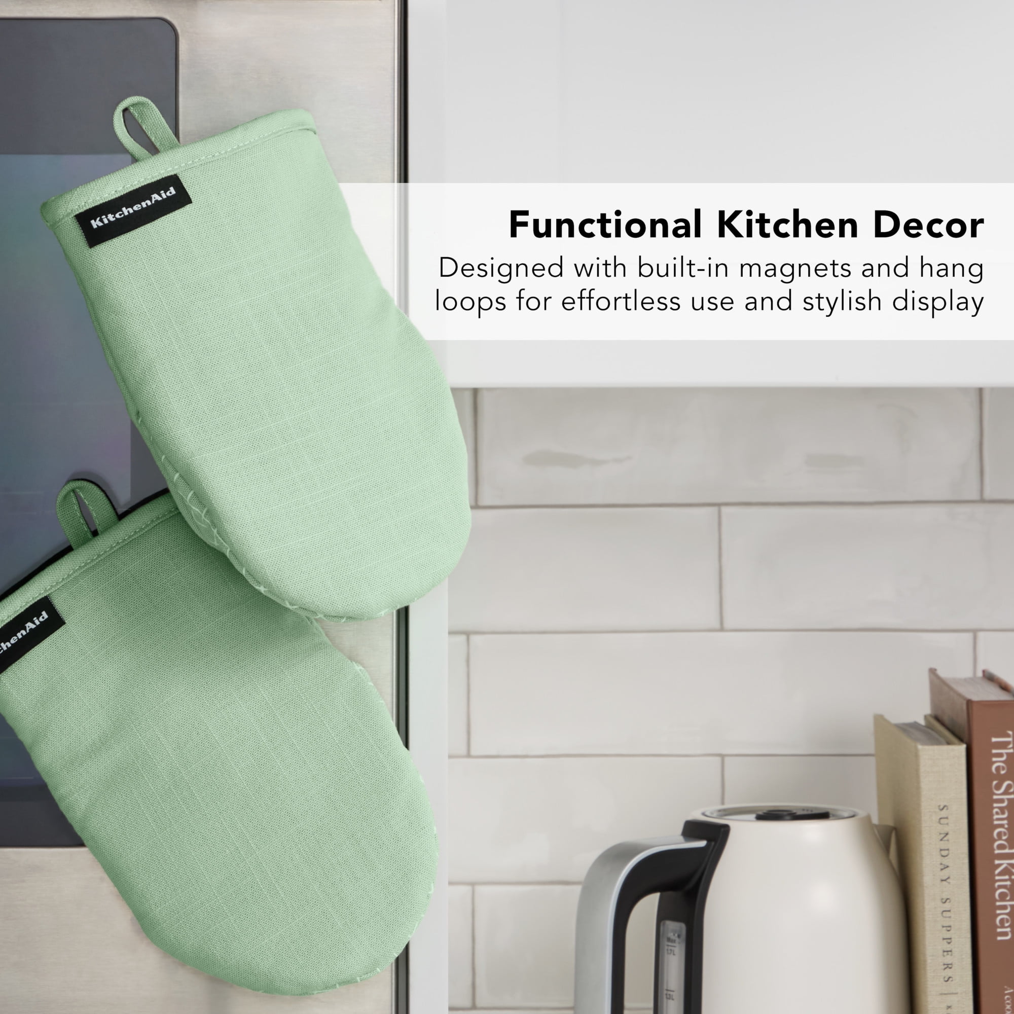 KITCHENAID Gourmet Series Gridlines Mini Oven Mitts 2-Pack Set, Heat Resistant up to 600°F, Soft Silicone Grip, Magnetic Cuff, Pistachio Green, 5.5"x9"