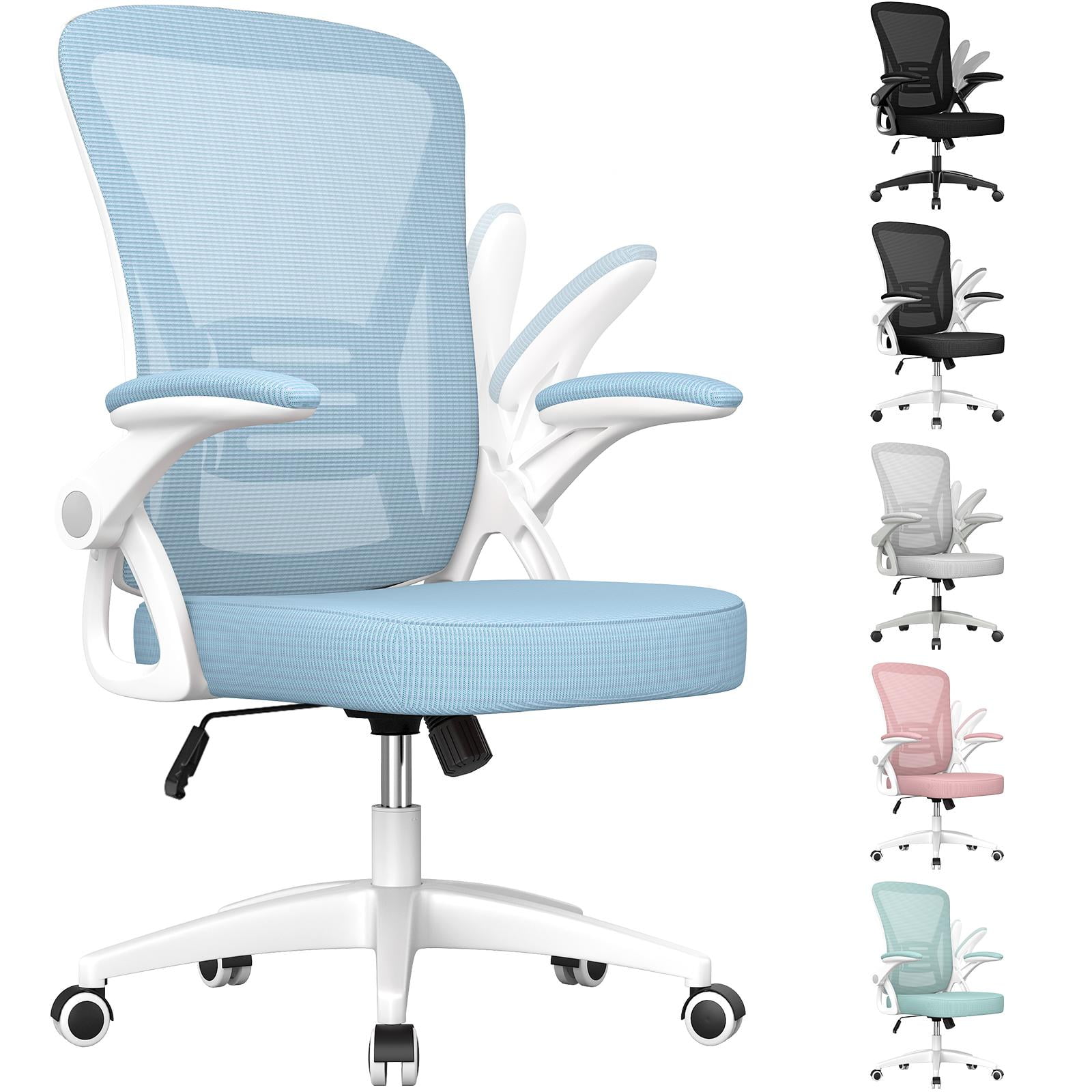 Biggzia Ergonomic Office Chair, Mid-Back Computer Chair with Adjustable Height, Flip-Up Arms and Lumbar Support, Mesh Desk Chair, Blue