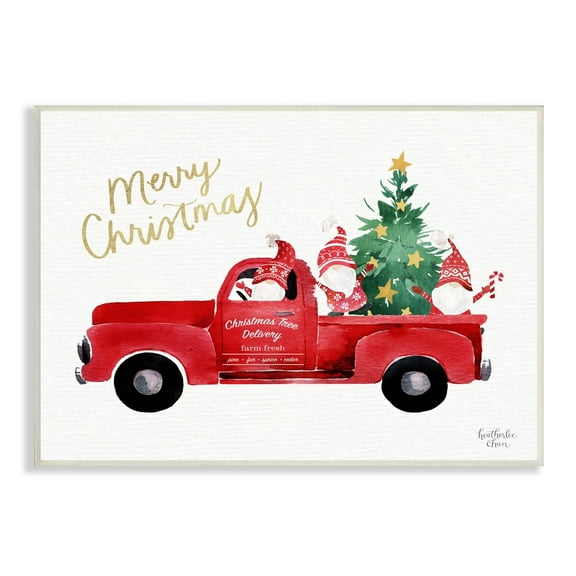 Stupell Industries Merry Christmas Holiday Red Truck Santa Gnomes & Tree Graphic Art Unframed Art Print Wall Art, Design by Heatherlee Chan