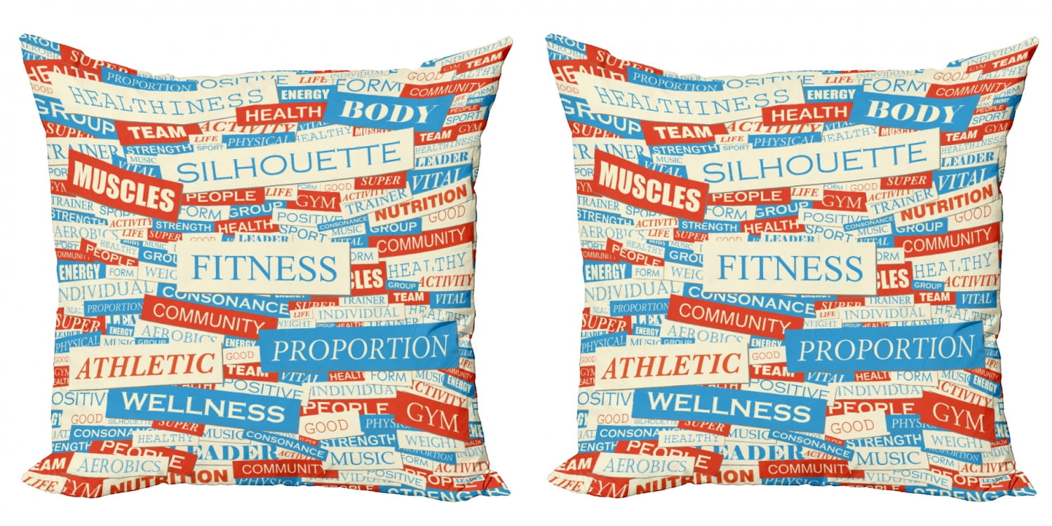 Ambesonne Fitness Throw Pillow Cover 2 Pack, Jumble Words of Exercise, 20", Ivory Vermilion Blue