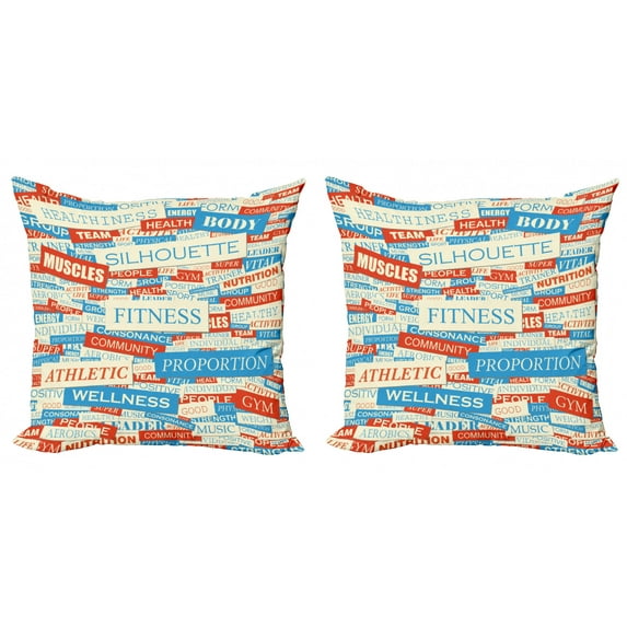 Ambesonne Fitness Throw Pillow Cover 2 Pack, Jumble Words of Exercise, 20", Ivory Vermilion Blue